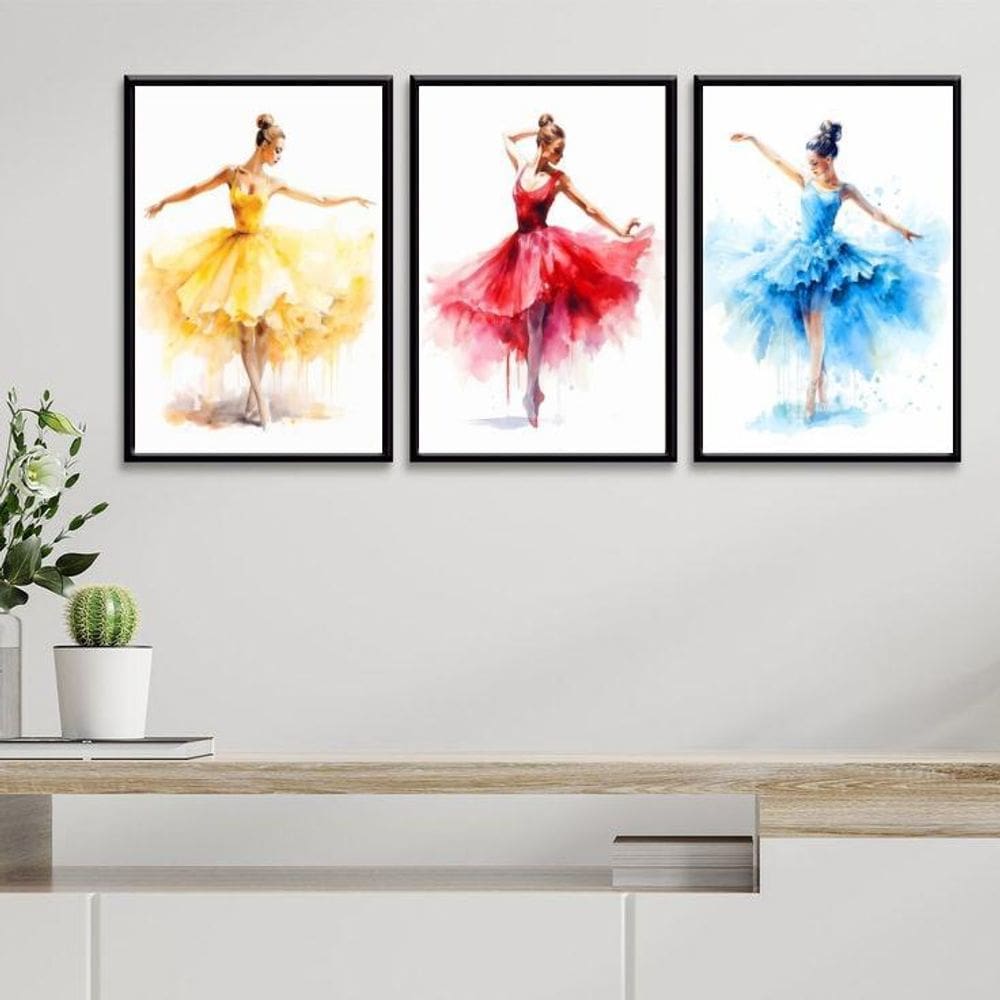 Kit 3 Quadros Decorativos Bailarinas Coloridas 33X24Cm Vidro