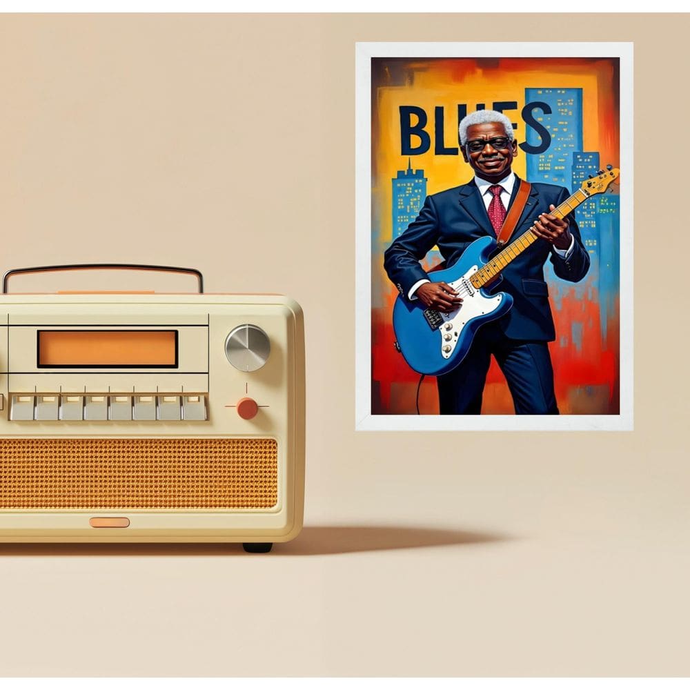 Quadro Músico Blues - Homem Com Guitarra 24X18Cm - Com Vidro