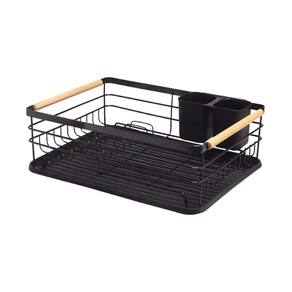 Escorredor De Louças de Metal e Madeira com Bandeja 43x32cm - Preto
