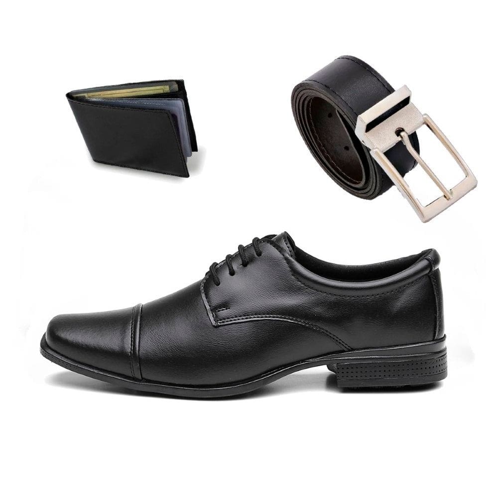 Kit Sapato Social Masculino Bico Quadrado Solado Borracha Com Cinto Dupla Face e Carteira Slim
