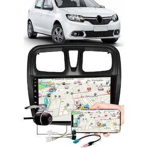 Multimídia 9" Polegadas Renault Sandero 2017 à 2021 Espelhamento USB Bluetooth + Moldura Painel + Interface Volante + Chicotes + Câmera de Ré
