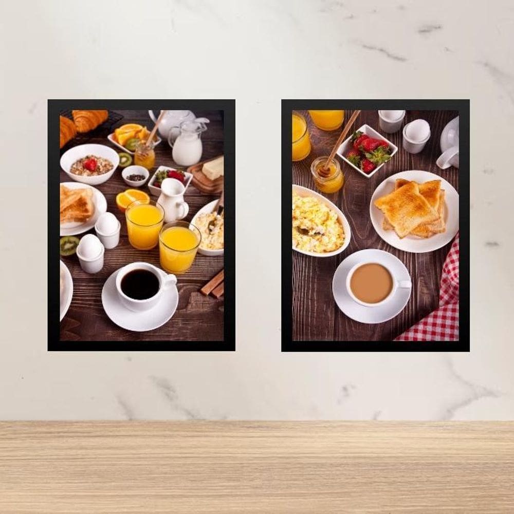 Kit 2 Quadros Gravuras Café Da Manhã 33X24Cm - Com Vidro