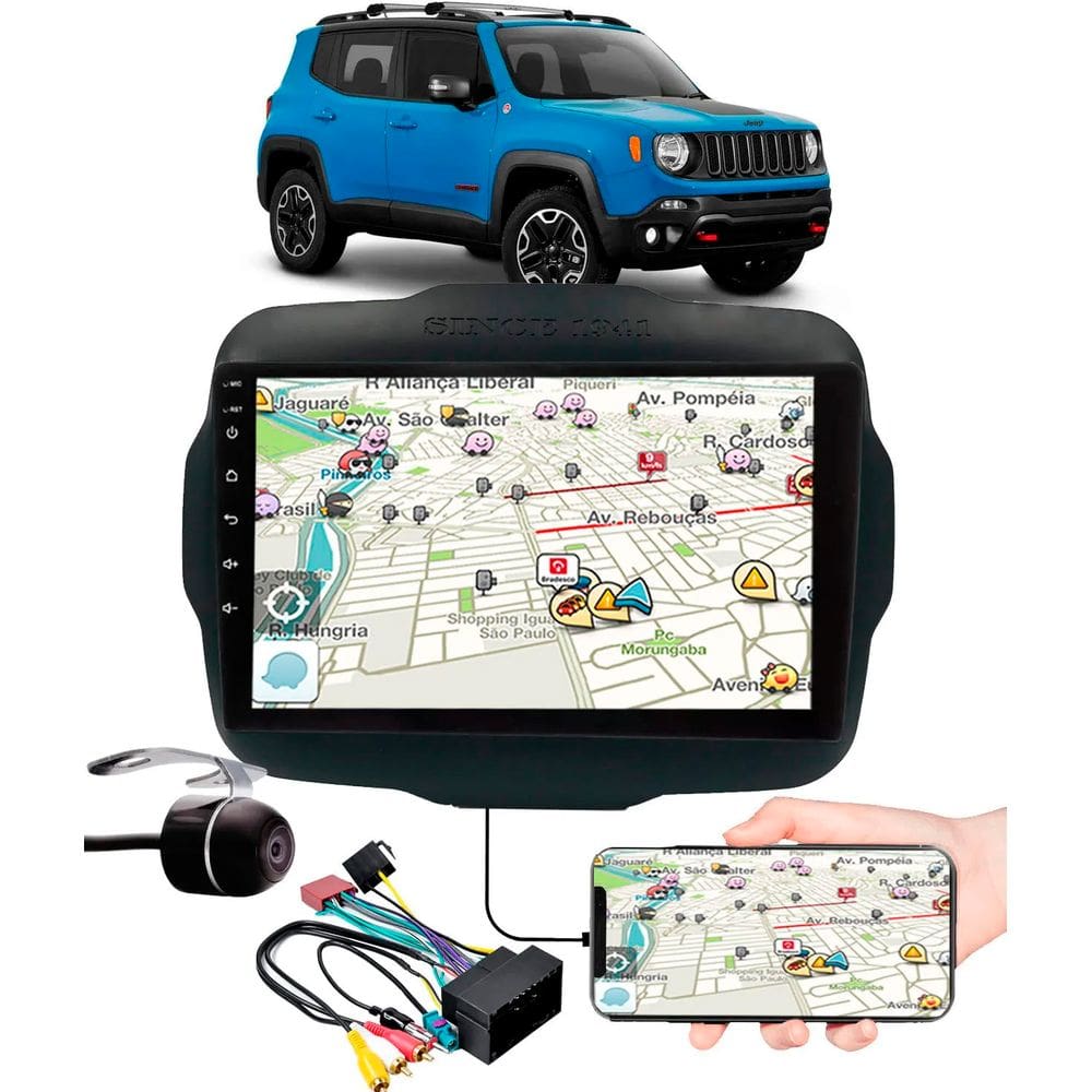 Multimídia 9" Polegadas Jeep Renegade Espelhamento USB Bluetooth + Moldura Painel + Interface Volante + Chicotes + Câmera de Ré