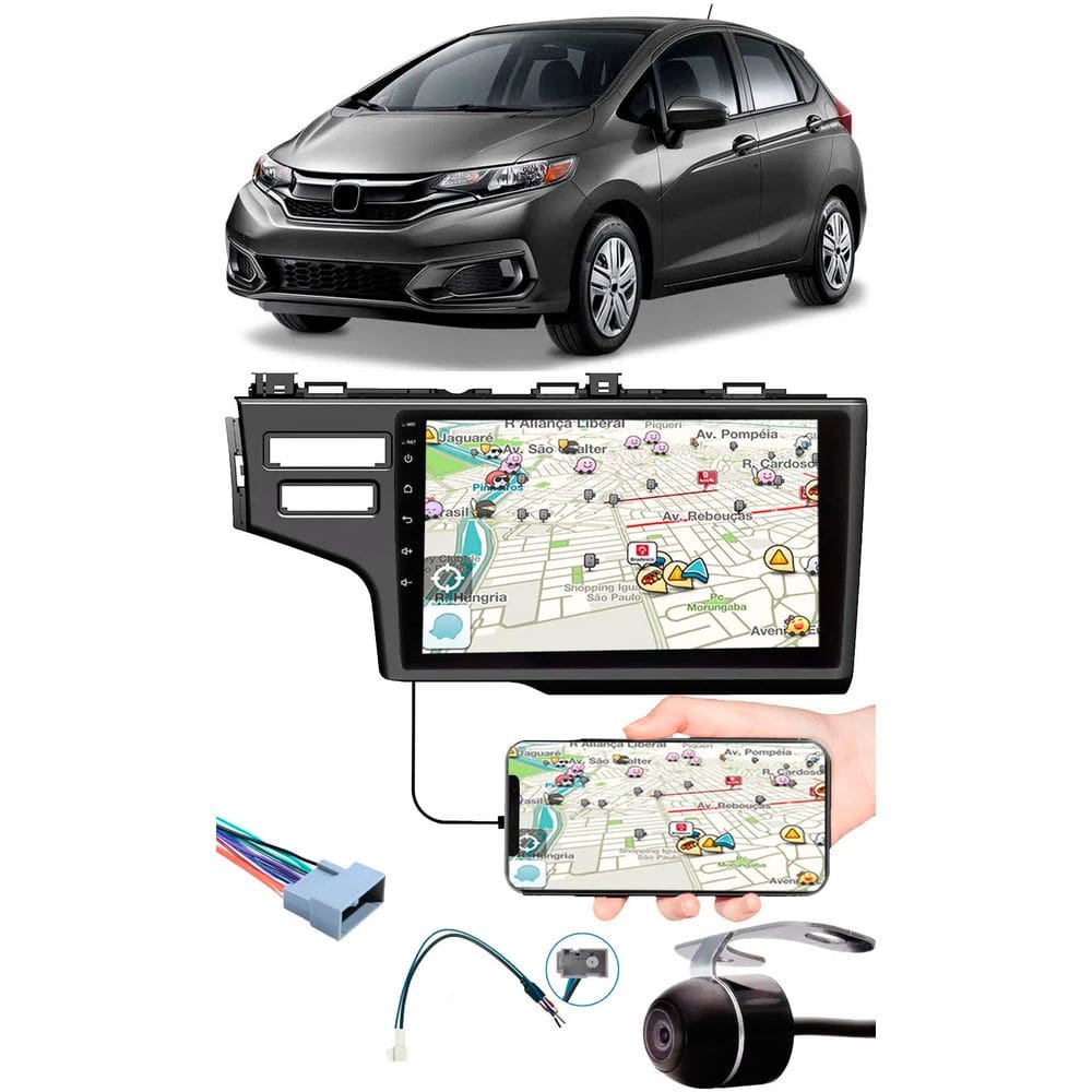 Multimídia 9" Polegadas Honda Fit 2015 à 2020 Espelhamento USB Bluetooth + Chicotes + Interface Volante + Moldura Painel + Câmera de Ré