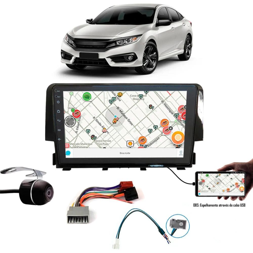 Multimídia 9" Civic G10 2016 em Diante Espelhamento USB Bluetooth + Câmera de Ré + Moldura + Chicote + Adaptador Antena + Interface Comando de Vo