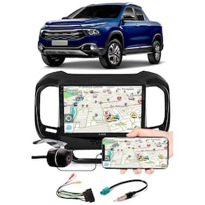 Multimídia 9" Polegadas Fiat Toro Espelhamento USB Bluetooth + Moldura Painel + Interface Volante + Chicotes + Câmera de Ré