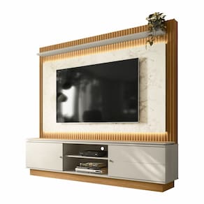 Painel Home Ripado C/ Led Sala Estar TV Até 75 Polegadas 2 Prateleiras 2 Portas MDF 2 Nichos Guararapes