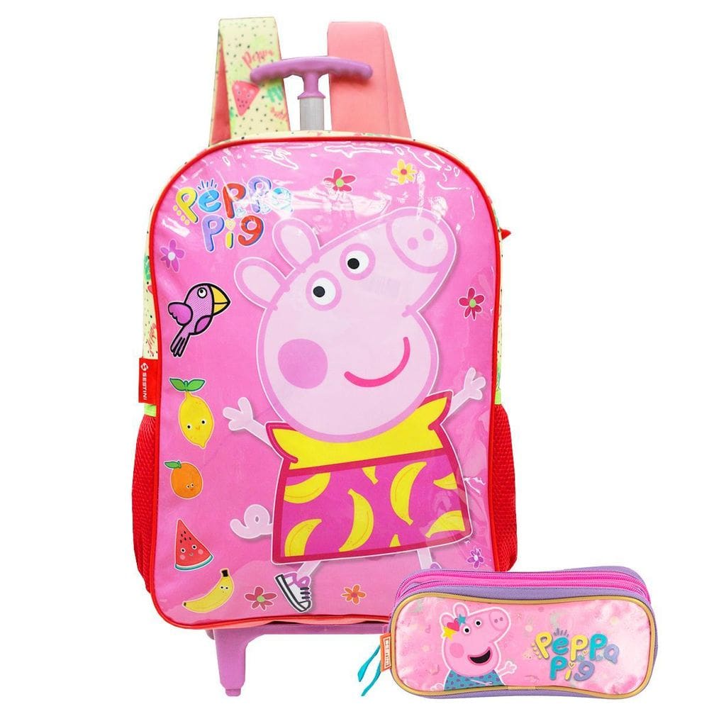 Mochila Peppa Pig Escolar Rodinhas Com Estojo Duplo Meninas