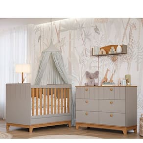 Conjunto Quarto de Bebê 1Berço 1 Cômoda 6 Gavetas Chantilly Cinza/Marrom