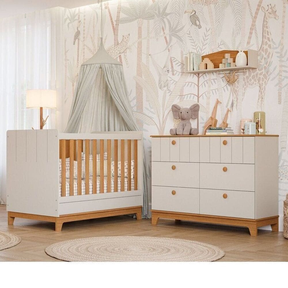 Conjunto Quarto de Bebê 1 Berço 1 Cômoda 6 Gavetas Chantilly  Off White/Marrom