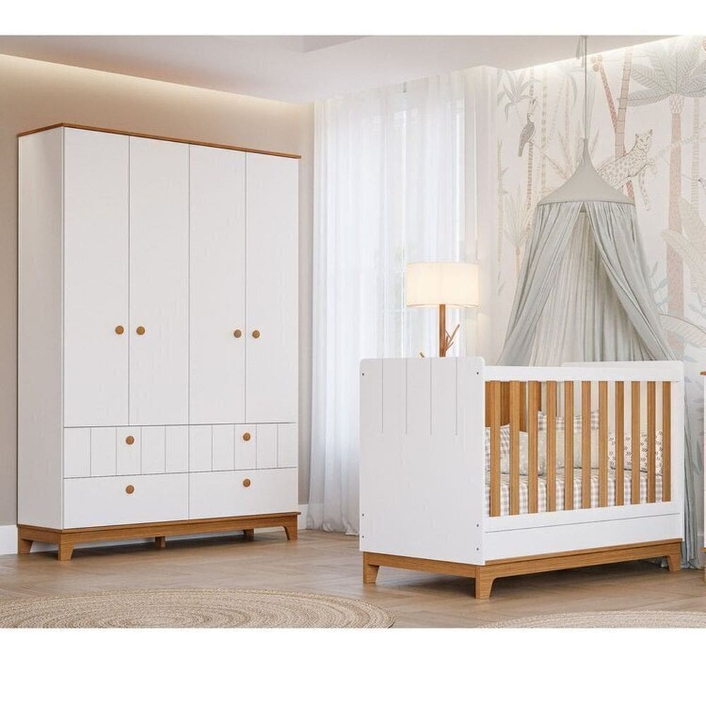 Conjunto Quarto de Bebê 1 Berço 1Guarda Roupas 4 Portas 4 Gavetas Chantilly Branco/Marrom