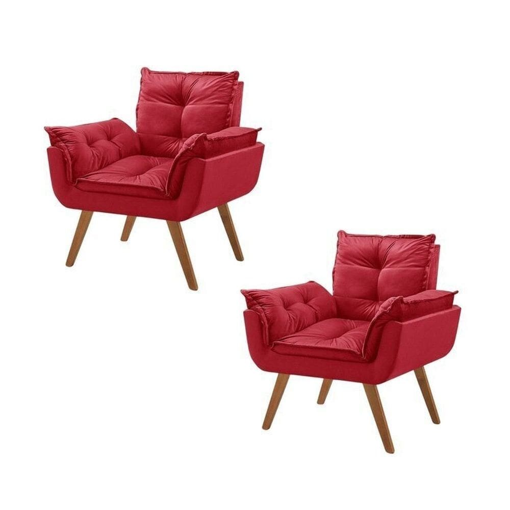 Kit 2 Poltronas em Veludo Base Palito Quadrada Opalla Prime Vermelho/Vermelho