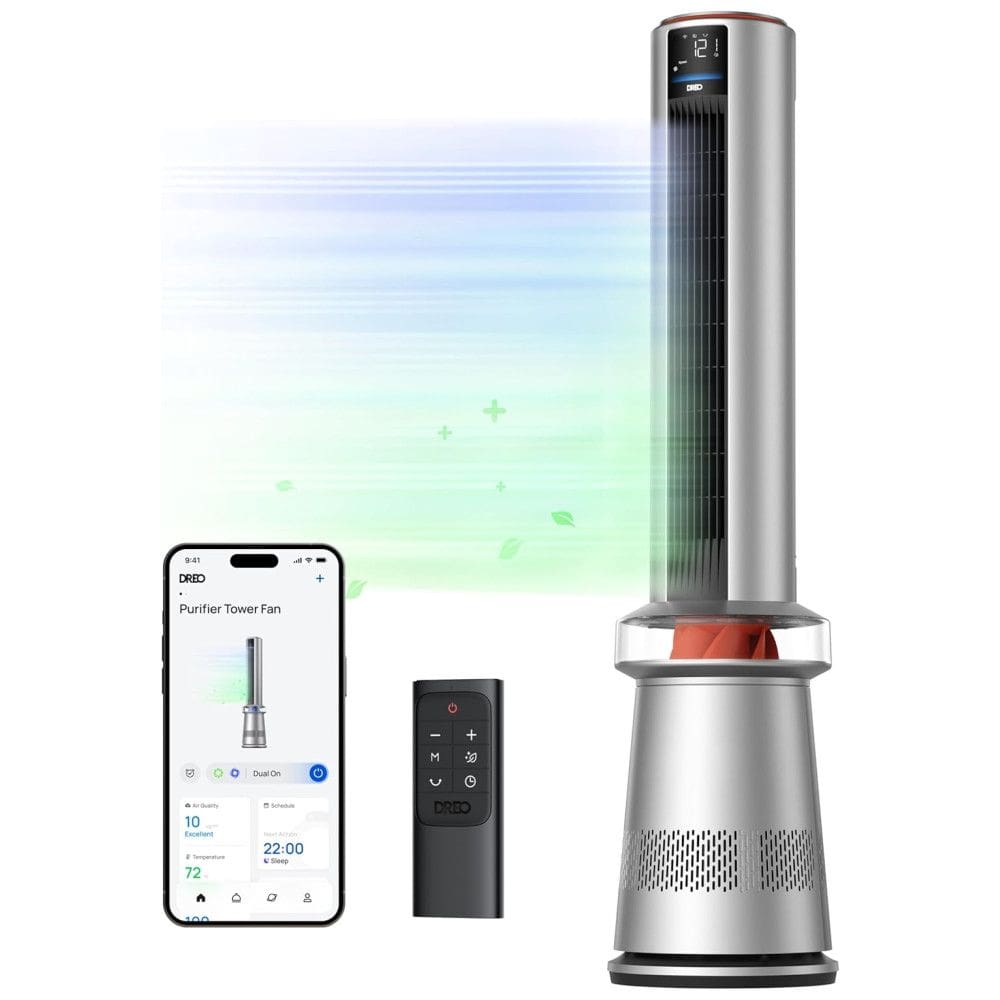 Ventilador de Torre e Purificador de Ar Inteligente, com Oscilação de 120°, 5 Velocidades, Baixo Ruído de 25 dB e Controle Remoto e APP,