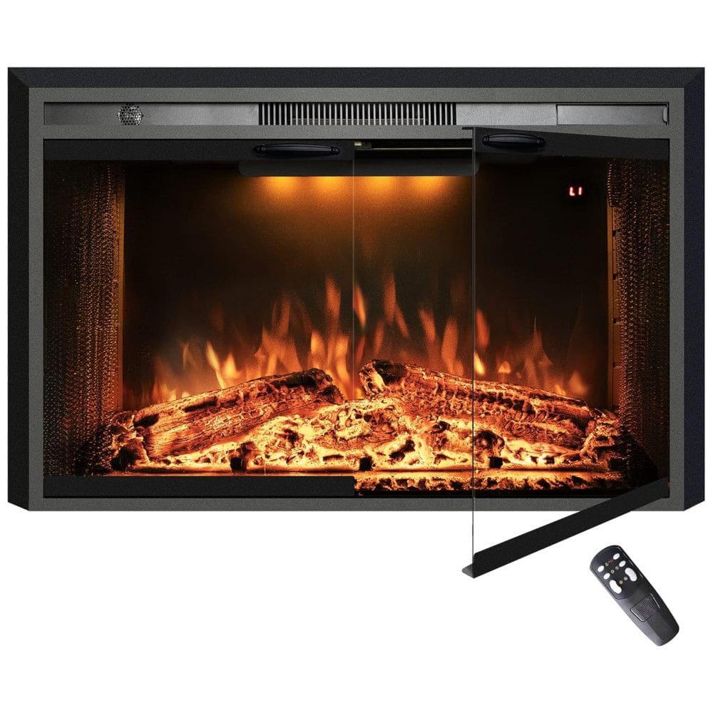 Lareira Elétrica de Embutir A69x101L cm com Controle Remoto, Porta de Vidro, Tela de Malha, Som de Crepitação de Fogo, 3 Cores de Chamas