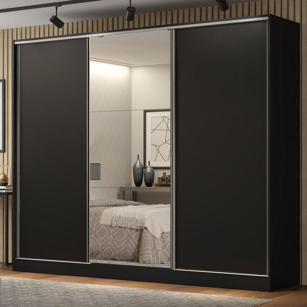 Guarda Roupa Casal 100% MDF Madesa Royale 3 Portas de Correr com Espelho - Preto XV