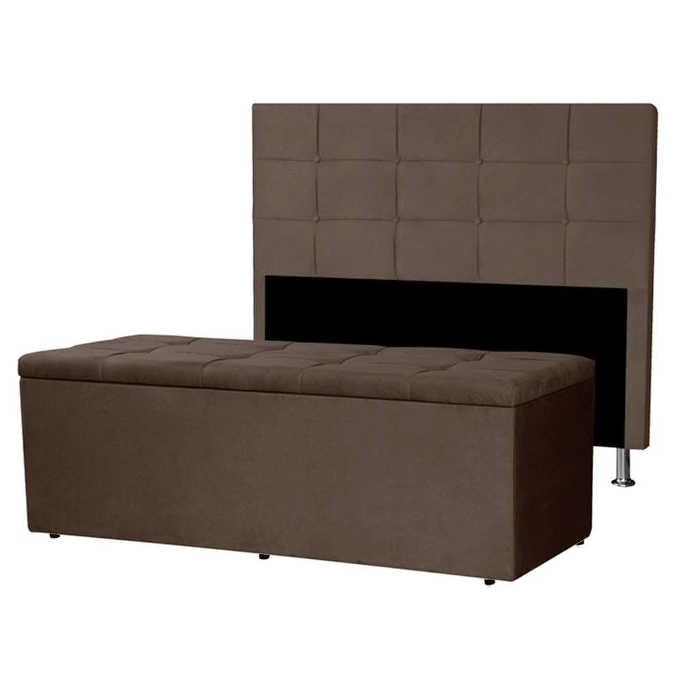 Kit Cabeceira e Calçadeira Baú Casal King 1,95m Roma Suede Marrom Dal Poz Estofados