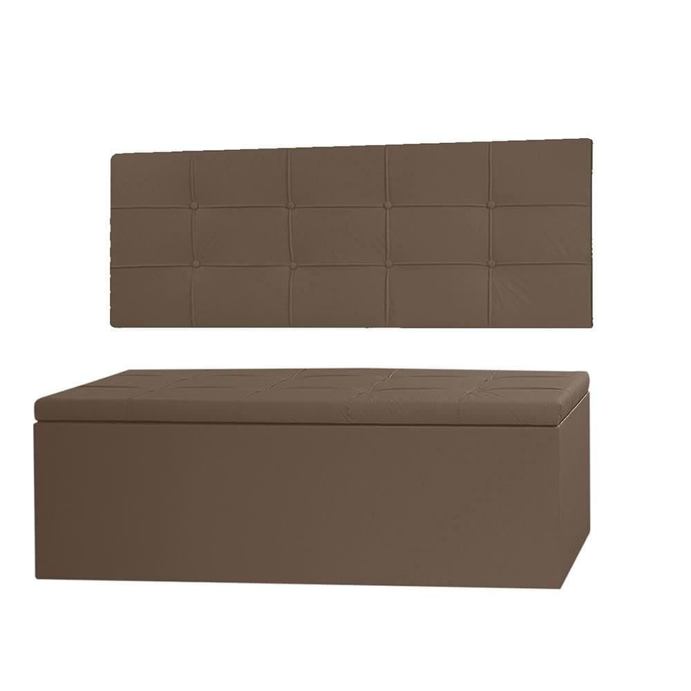 Kit Cabeceira Painel e Calçadeira Baú Casal Queen 1,60m Roma Material Sintético Marrom Dal Poz Estofados