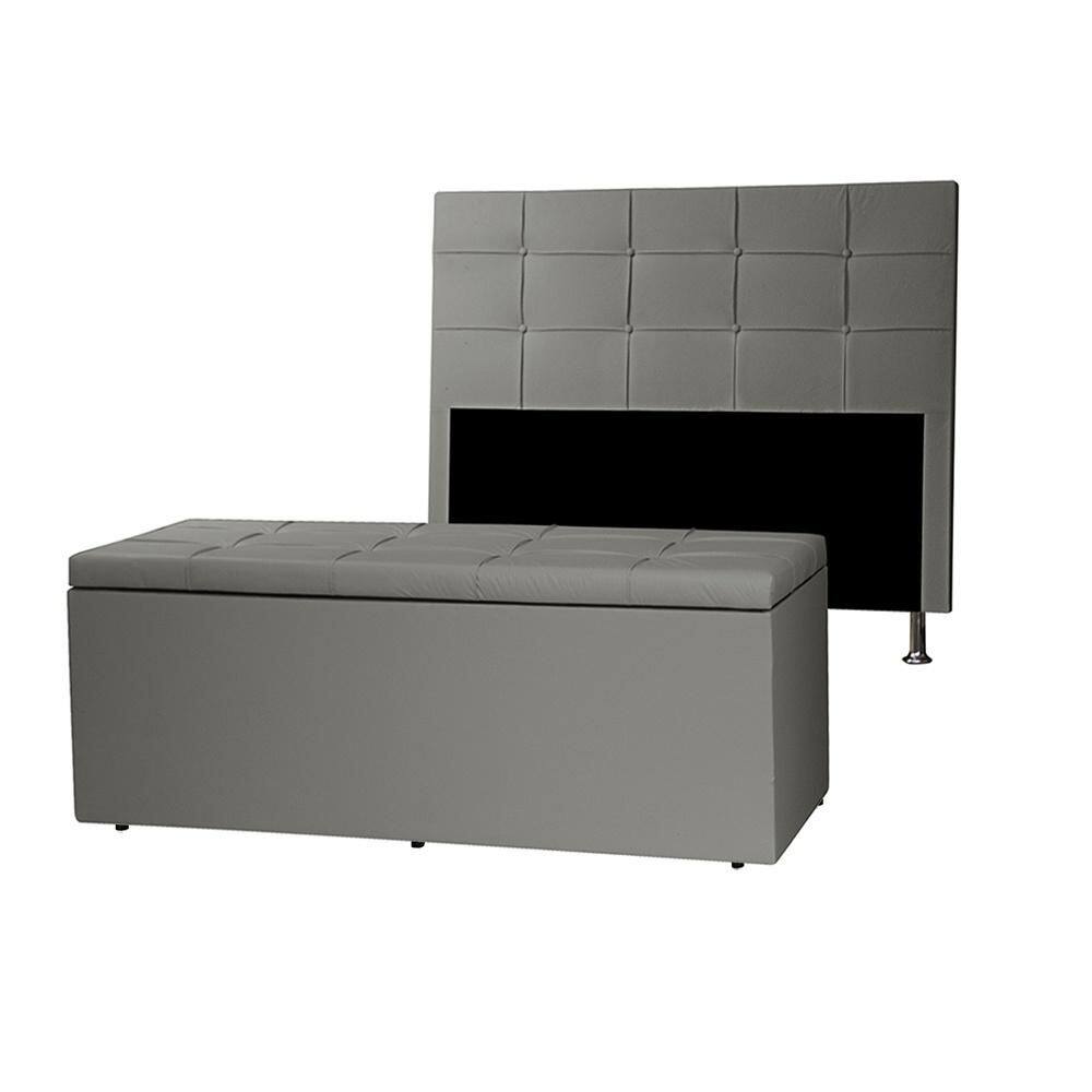 Kit Cabeceira e Calçadeira Baú Casal King 1,95m Roma Material Sintético Cinza Dal Poz Estofados