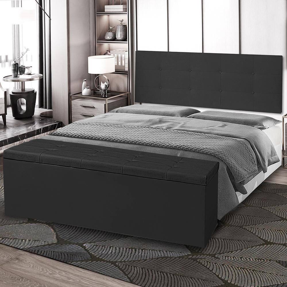 Kit Cabeceira Painel e Calçadeira Baú Casal King 1,95m Berlim Material Sintético Preto Dal Poz Estofados