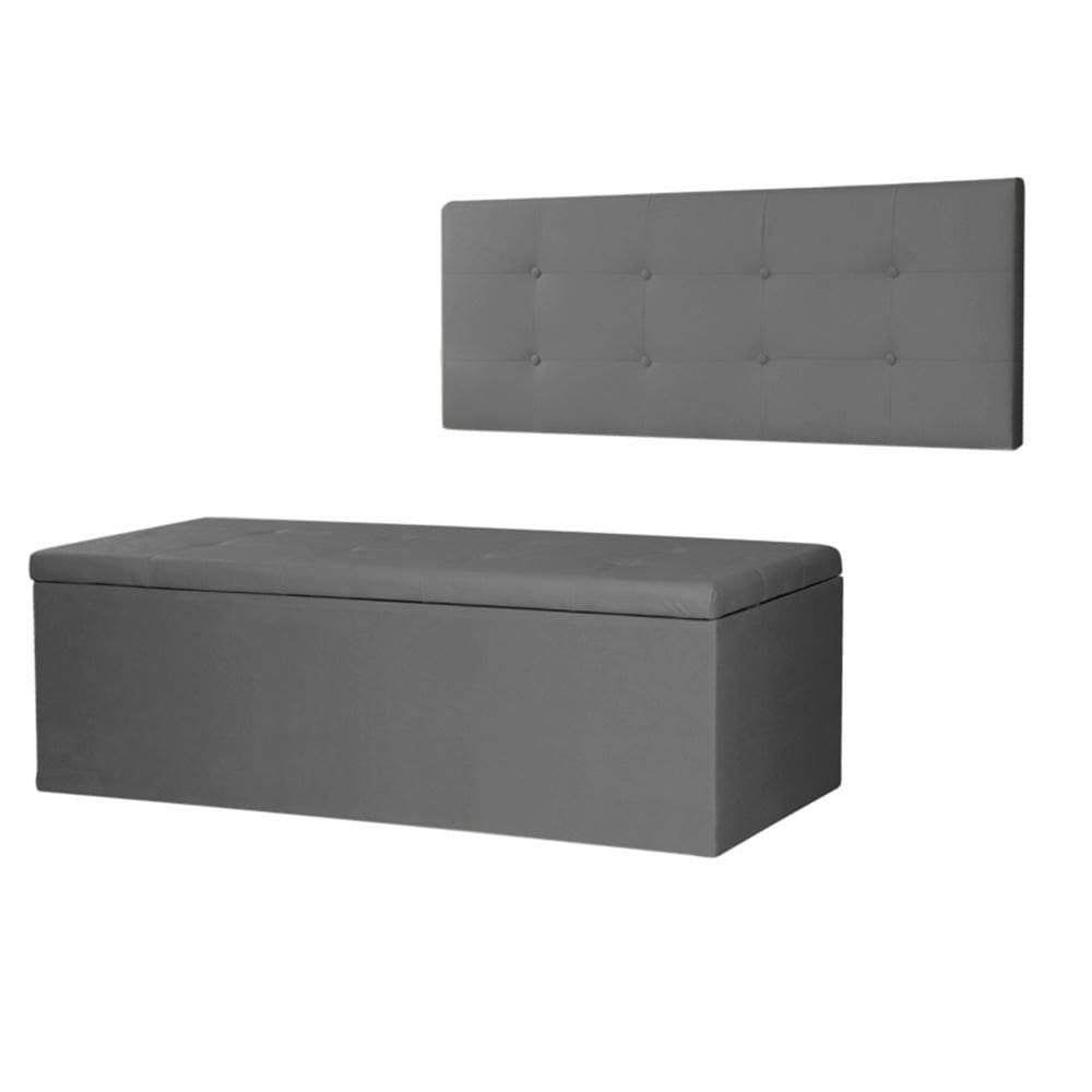 Kit Cabeceira Painel e Calçadeira Baú Solteiro 0,90m Berlim Suede Cinza Dal Poz Estofados
