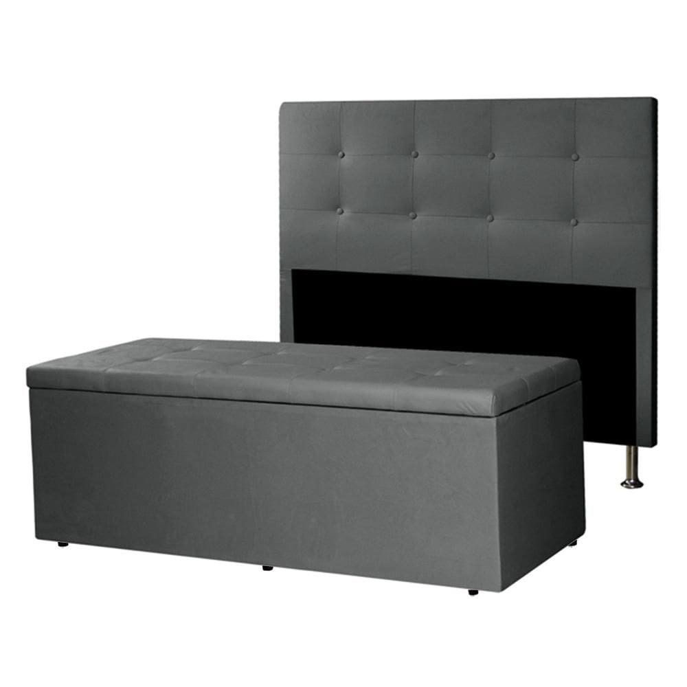 Kit Cabeceira e Calçadeira Baú Casal Queen 1,60m Berlim Suede Cinza Dal Poz Estofados