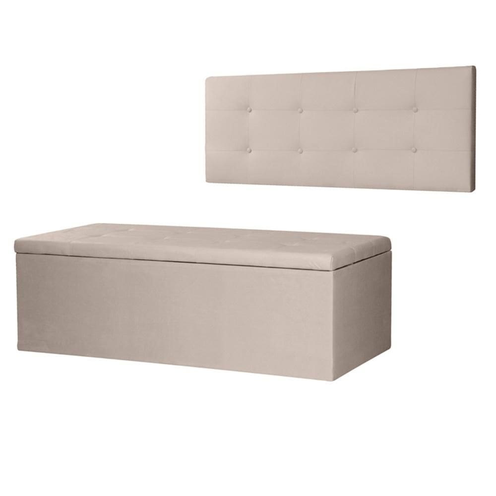 Kit Cabeceira Painel e Calçadeira Baú Casal Queen 1,60m Berlim Suede Bege Dal Poz Estofados