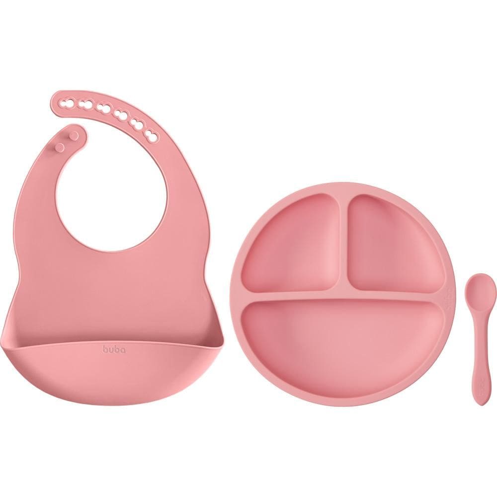 Kit de Alimentação Buba Com Babador Prato Silicone Rosa