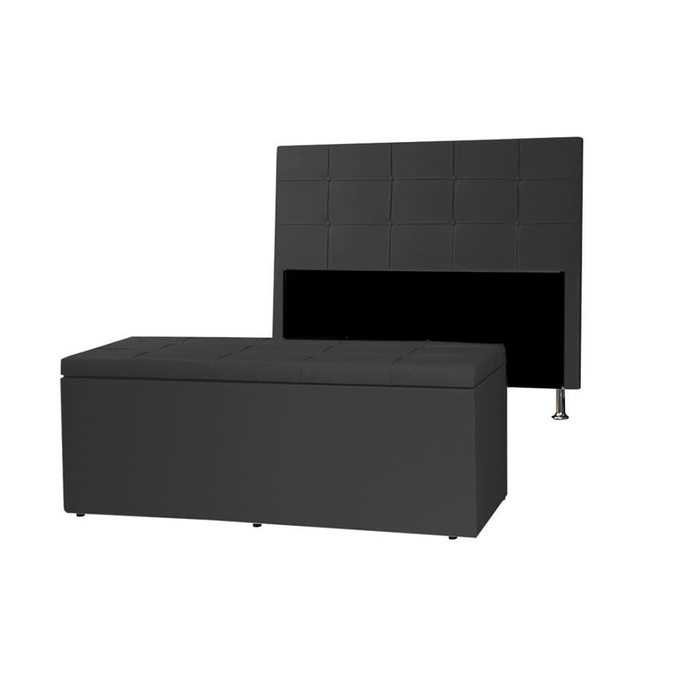 Kit Cabeceira e Calçadeira Baú Casal Queen 1,60m Roma Material Sintético Preto Dal Poz Estofados