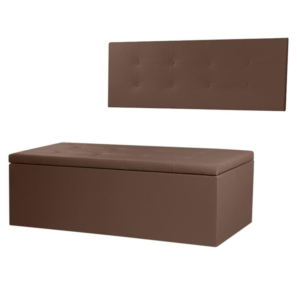 Kit Cabeceira Painel e Calçadeira Baú Casal 1,40m Berlim Material Sintético Marrom Dal Poz Estofados