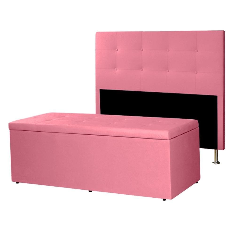 Kit Cabeceira e Calçadeira Baú Casal 1,40m Berlim Suede Rosa Dal Poz Estofados