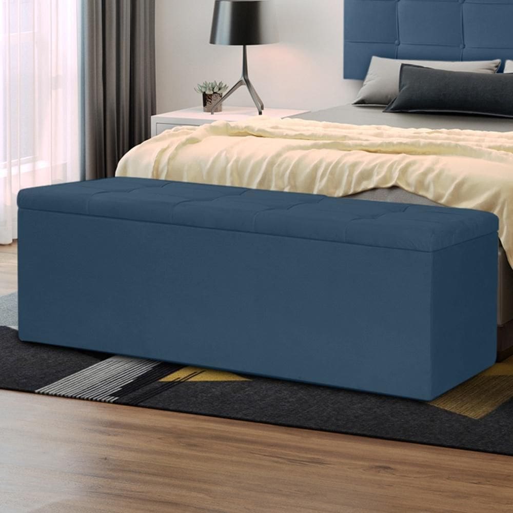 Calçadeira Baú Solteiro 0,90m Berlim Suede Azul Marinho Dal Poz Estofados