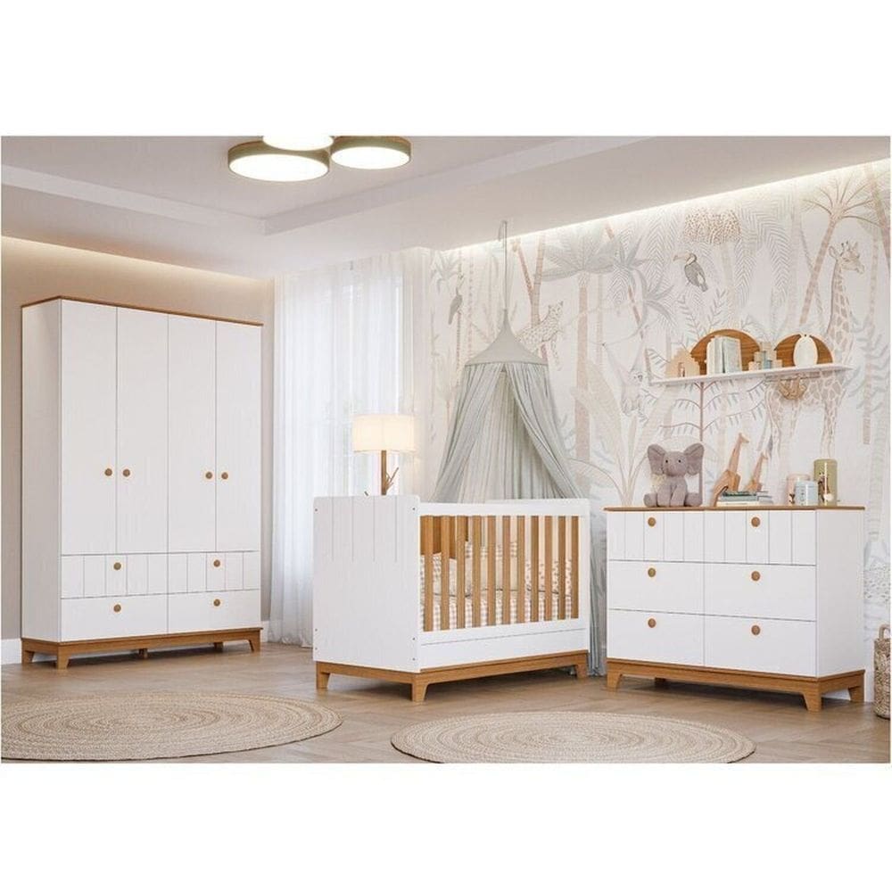 Conjunto Quarto de Bebê 1 Berço 1 Cômoda 6 Gavetas 1 Guarda Roupas 4 Portas 4 Gavetas Chantilly Branco/Marrom