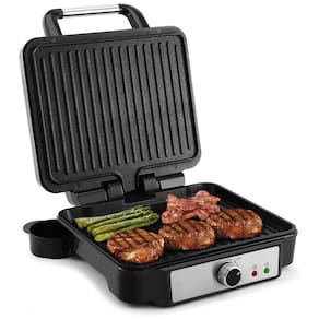 Sanduicheira e Grill Elétrico 3 em 1 com Superfície Antiaderente, Controle de Temperatura, Abertura 180 e Bandeja Coletora Removível,