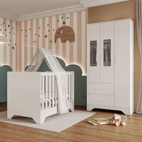 Quarto de Bebê Guarda Roupa com Janela e Berço 3 em 1 100 MDF Popy Móveis Peroba