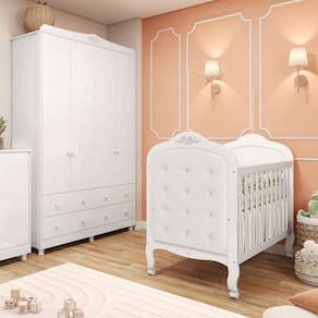 Quarto de Bebê Completo com Berço Mini Cama  com Capitonê e Guarda-Roupa 100 MDF Elô New Móveis Peroba