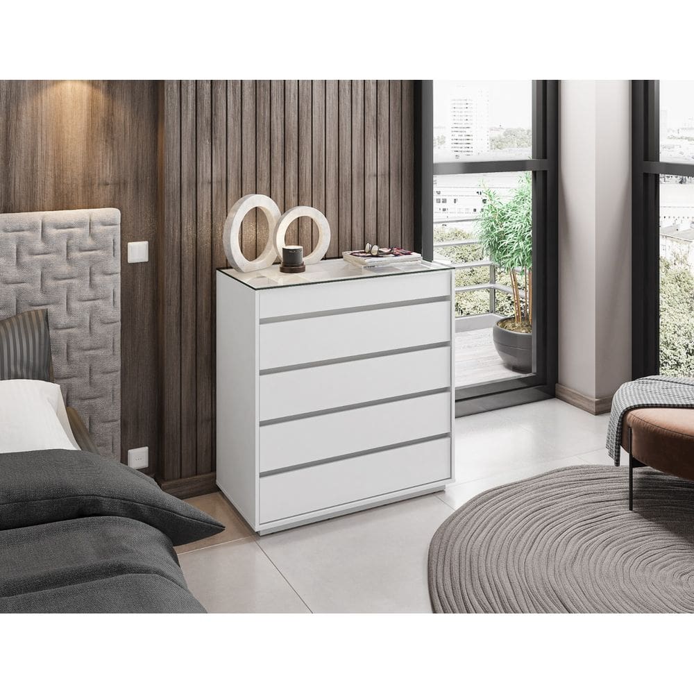 Cômoda 5 Gavetas com Organizador Tampo em Vidro Belize Branco - Rede Móveis