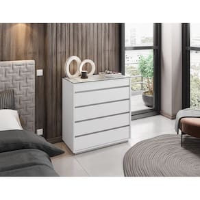 Cômoda 5 Gavetas com Organizador Tampo em Vidro Belize Branco - Rede Móveis
