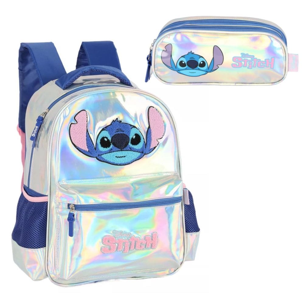 Mochila Stitch Holográfica Disney Infantil Escolar + Estojo