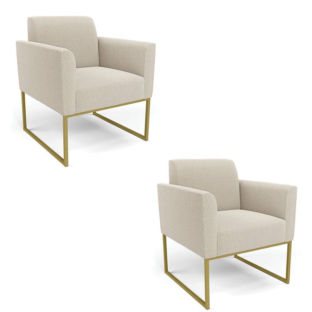Poltrona Sala Estar Industrial Dourado Kit 2 Marisa Bouclê Bege D03 - D`Rossi