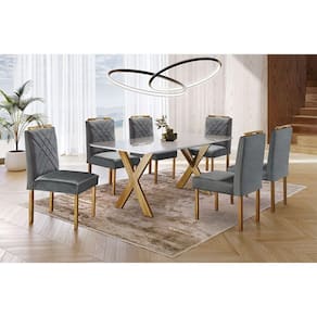 Sala de Jantar com 6 Lugares Mesa Tampo de Vidro Móveis Mundial Mel/Off White/Cinza Profundo