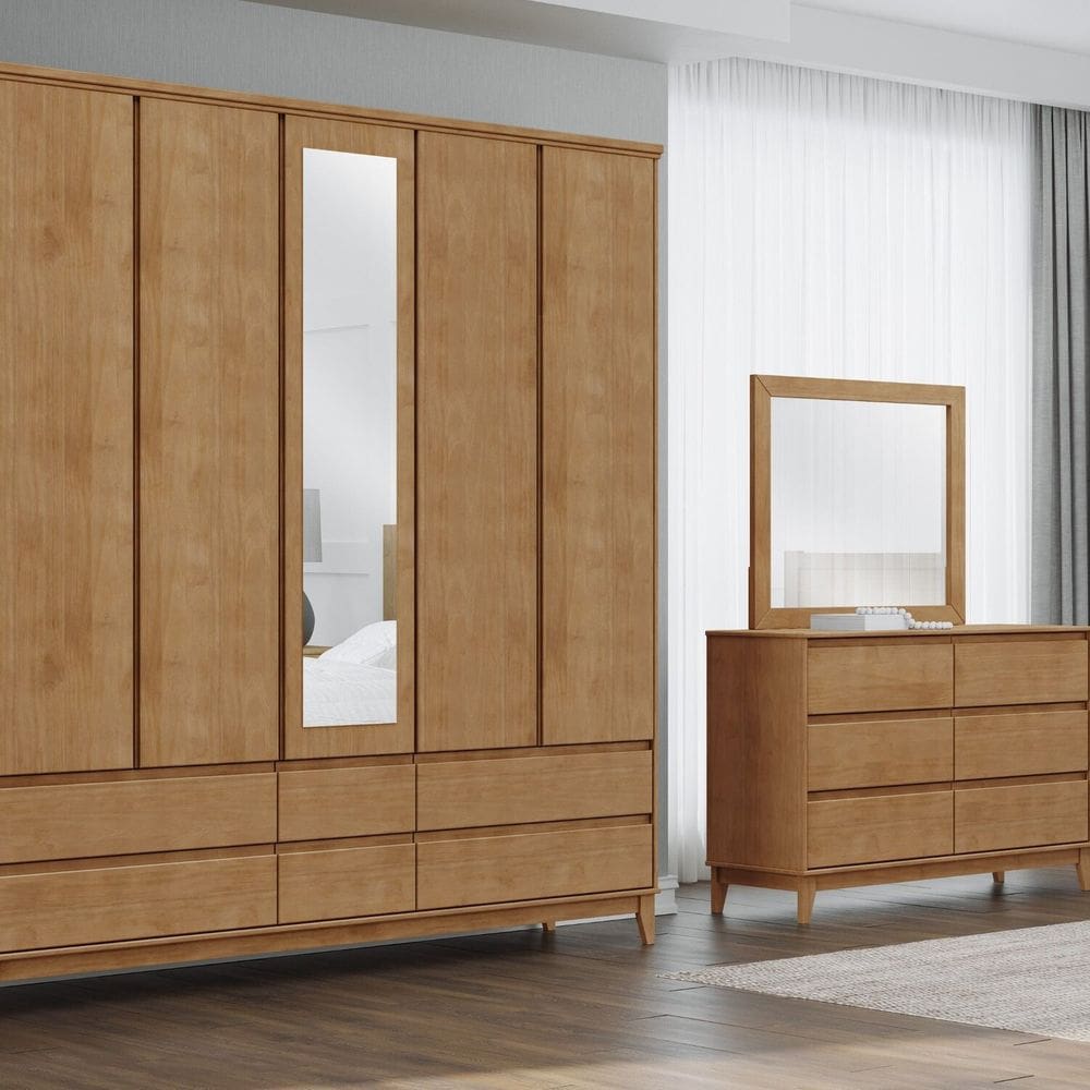 Guarda-roupa 5 Portas 6 Gavetas Prata Finestra Freijó
