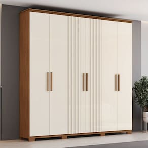Guarda Roupa Casal Ávila 6 Portas 4 Gavetas com Pés em Abs e Detalhes Ripados Marrom/Off White