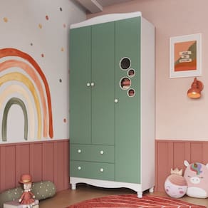 Guarda Roupas Infantil 3 Portas e 2 Gavetas Linha Encanto Branco/Verde