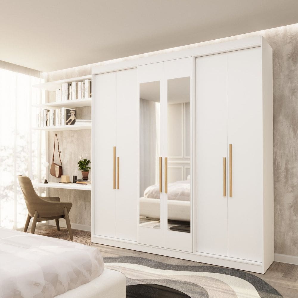 Guarda Roupa Casal 6 Portas Lugano com Espelho Mdf Branco Artico