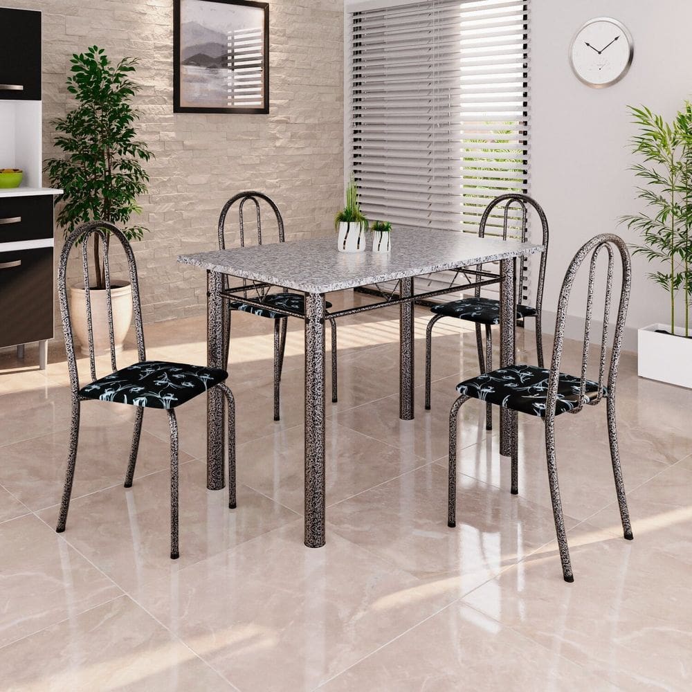 Conjunto de Mesa Tubular 100cm X 60cm Tampo em Granito com 4 Cadeiras Preto/Prata