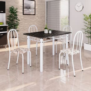Conjunto de Mesa Tubular 100x60cm Tampo em Ardósia Indiano com 4 Cadeiras Arabesco/ Branco