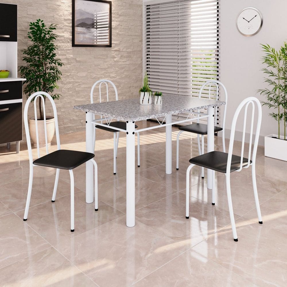 Conjunto de Mesa Tubular 100x60cm Tampo em Granito com 4 Cadeiras Preto / Branco