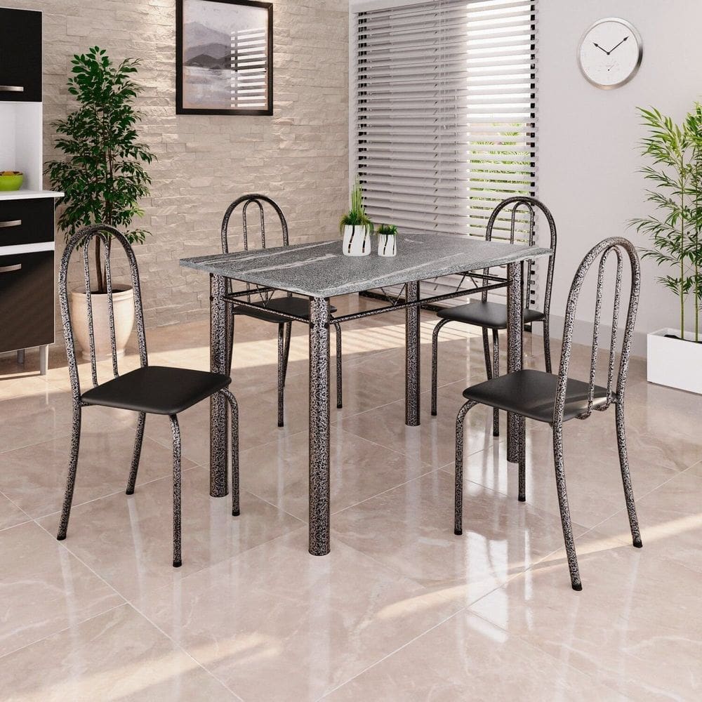 Conjunto de Mesa Tubular 100cm X 60cm Tampo em Granito com 4 Cadeiras Preto / Prata