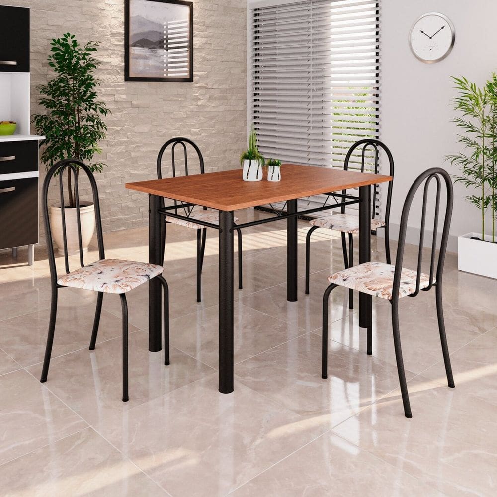 Conjunto de Mesa Tubular 100x60cm Tampo em Mdf com 4 Cadeiras Bege / Preto