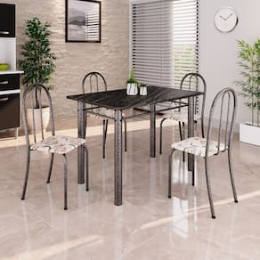 Conjunto de Mesa Tubular 100x60cm Tampo em Ardósia Indiano com 4 Cadeiras Arabesco/ Prata